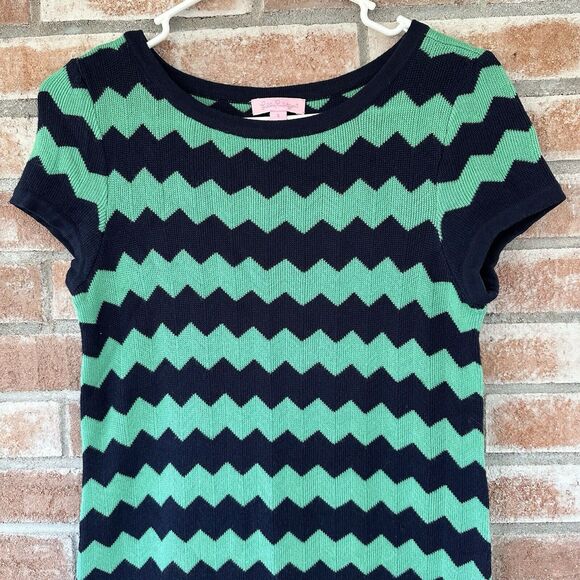 Lilly Pulitzer Chevron Merino Wool Shift Sweater Dress Navy Green Small - Picture 3 of 10